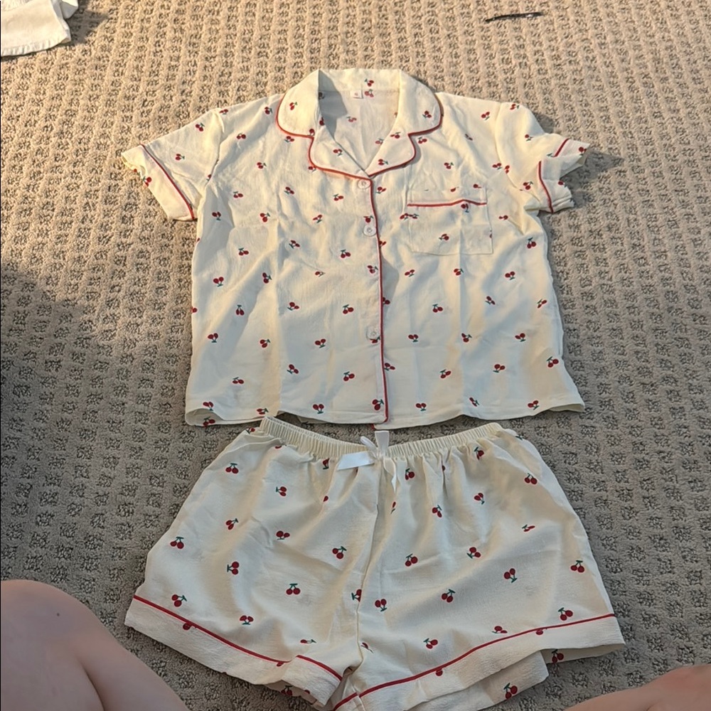 Cherry Print Cream Pajama Set